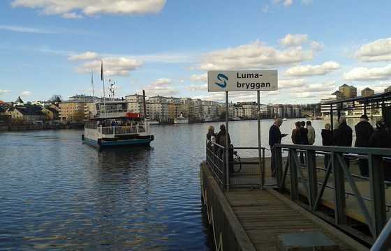 A ferry jetty at Hammarby Sjöstad, with the district’s waterfront housing beyond