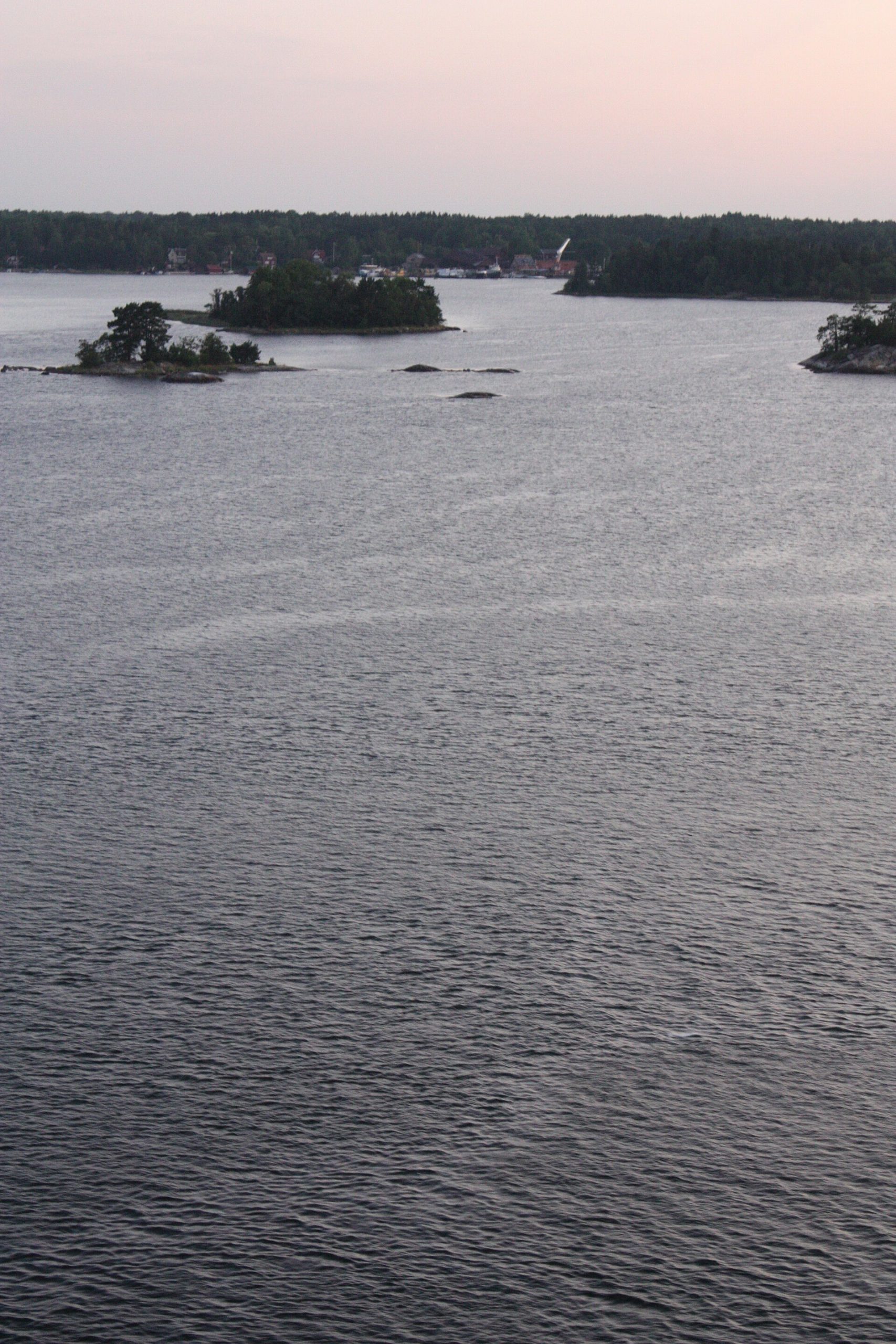 Stockholm archipelago at sunrise, viewed from the deck of a cruise ship