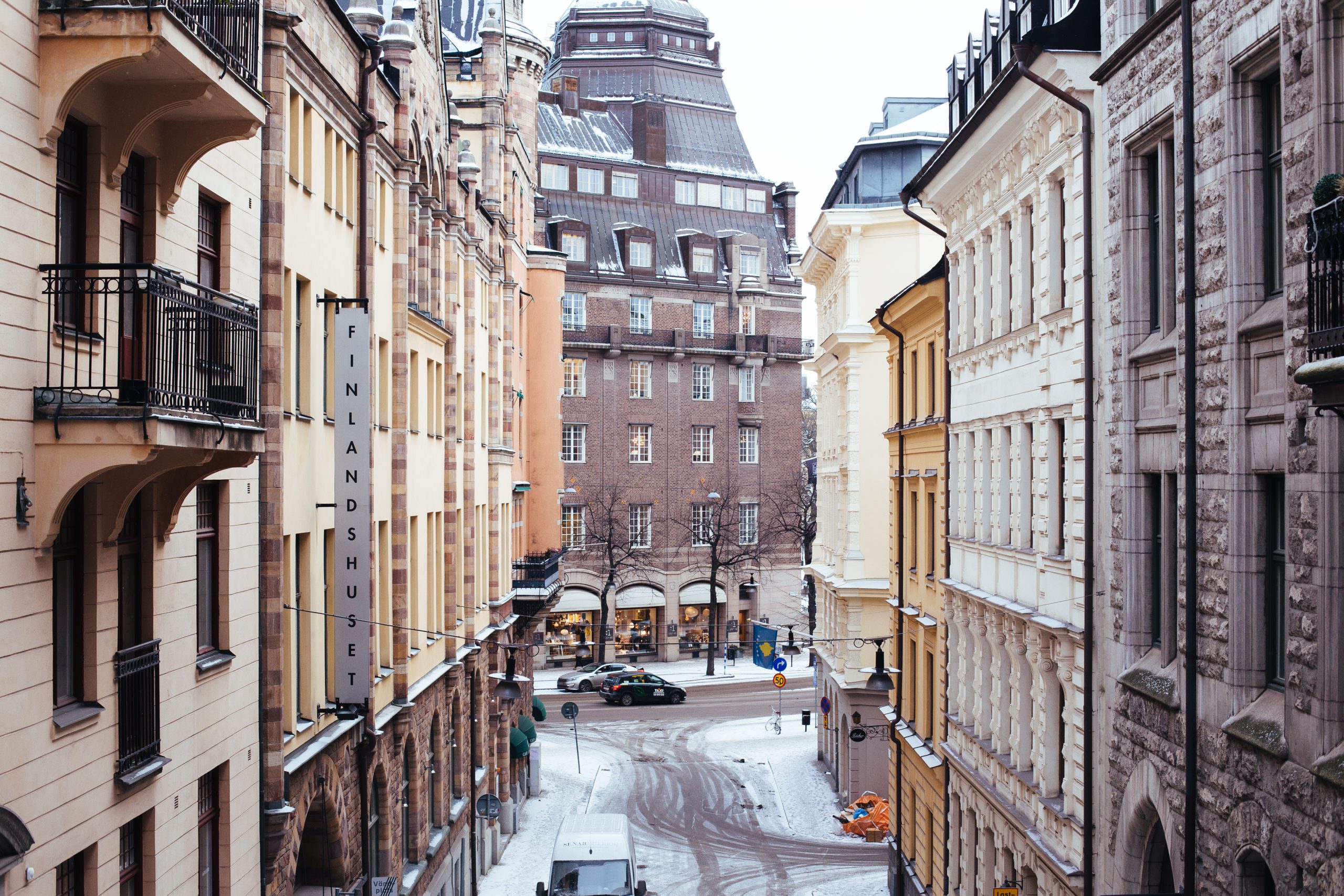 A snowy street in Stockholm