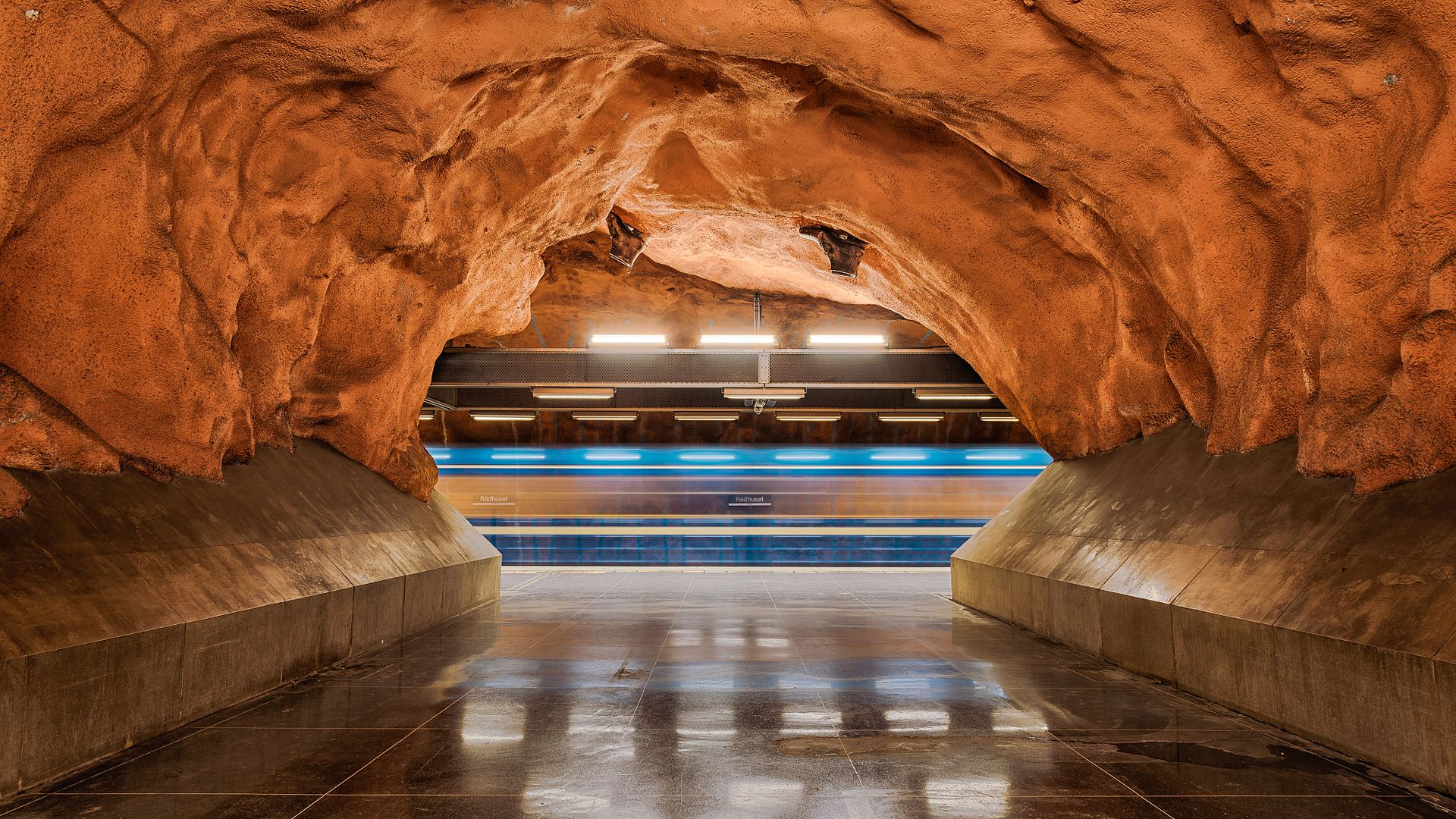 Rock-hewn interior of Rådhuset metro station in Kungsholmen, Stockholm