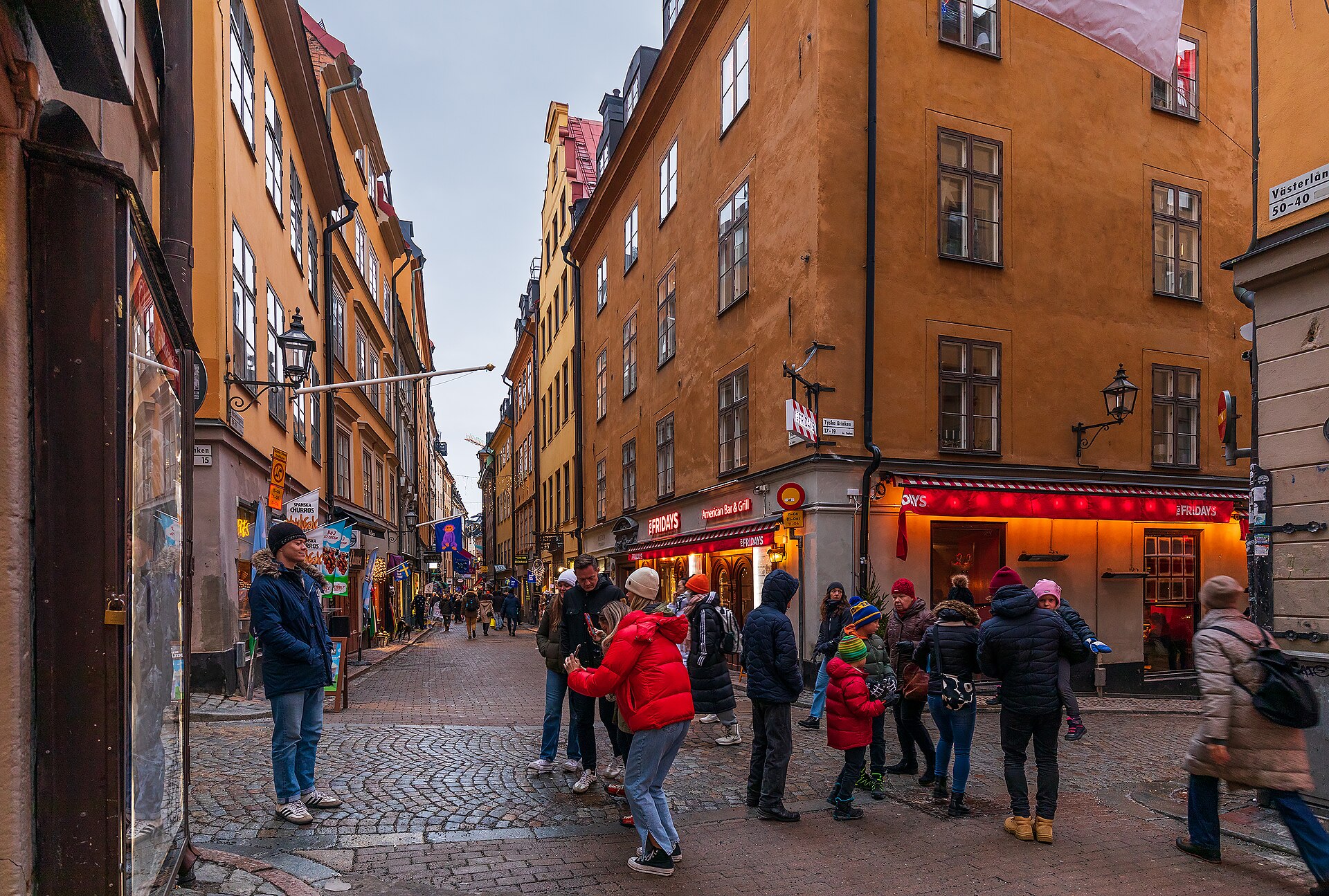Västerlånggatan street in Gamla Stan, Stockholm, Sweden, 2022 December - 2.jpg — illustrating How Do You Plan a Stockholm Day in the Rain?