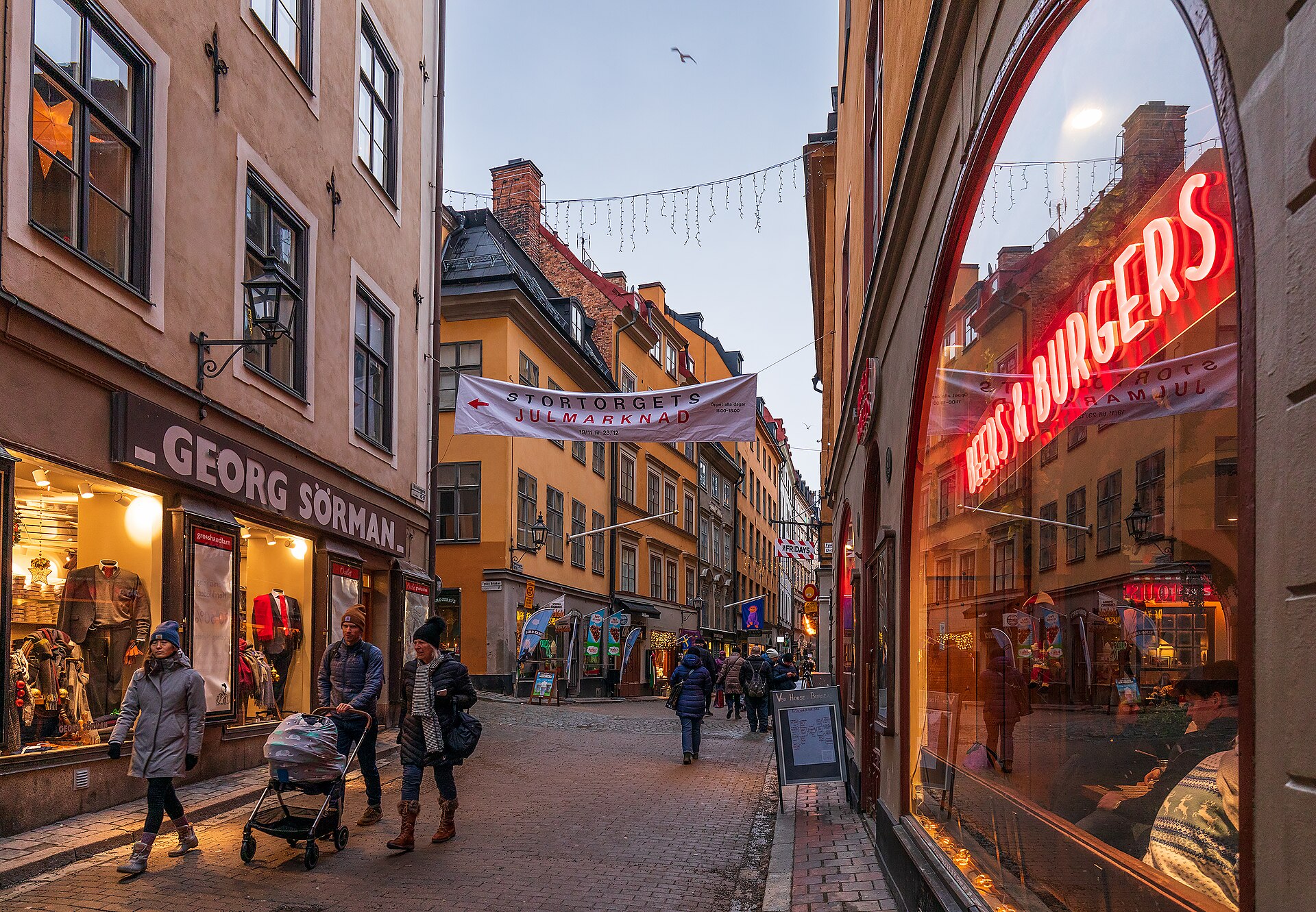 Västerlånggatan street in Gamla Stan, Stockholm, Sweden, 2022 December.jpg — illustrating How Do You Plan a Stockholm Day in the Rain?