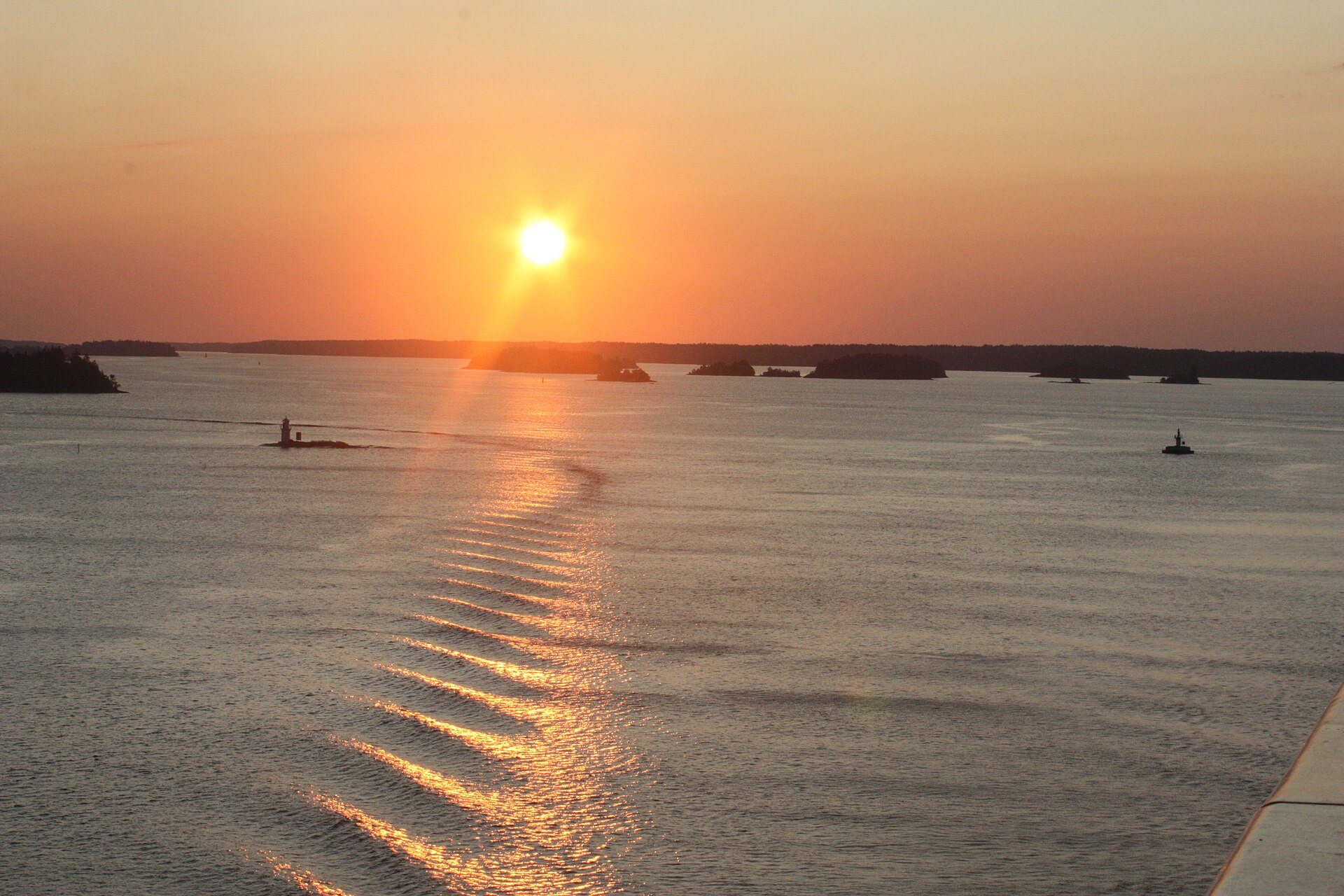 Sunrise view from a cruise ship approaching Stockholm through the archipelago