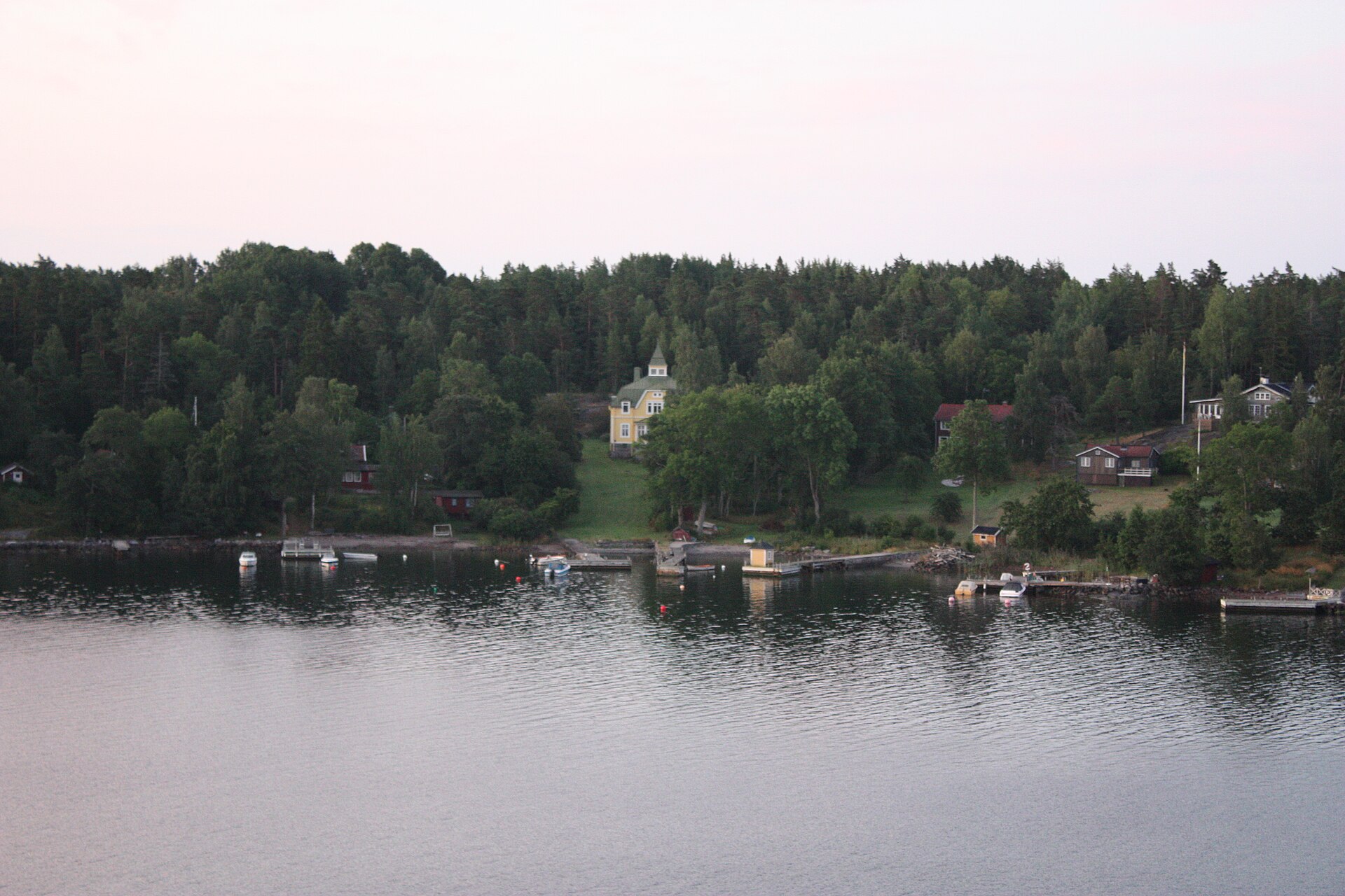 Stockholm archipelago seen at sunrise from a cruise ship heading into the harbour