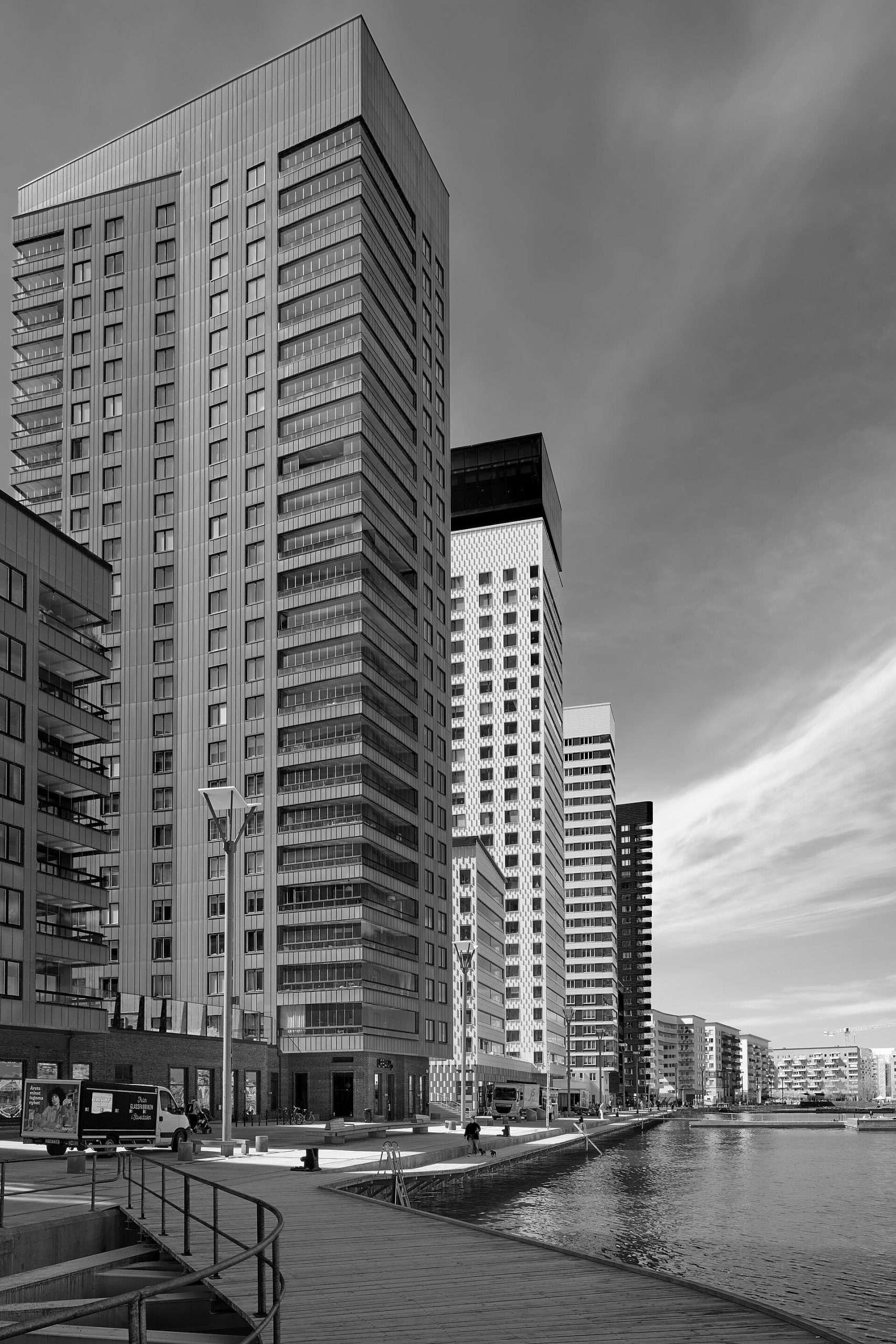 Residential buildings along Sjövikskajen by Årstaviken in Stockholm