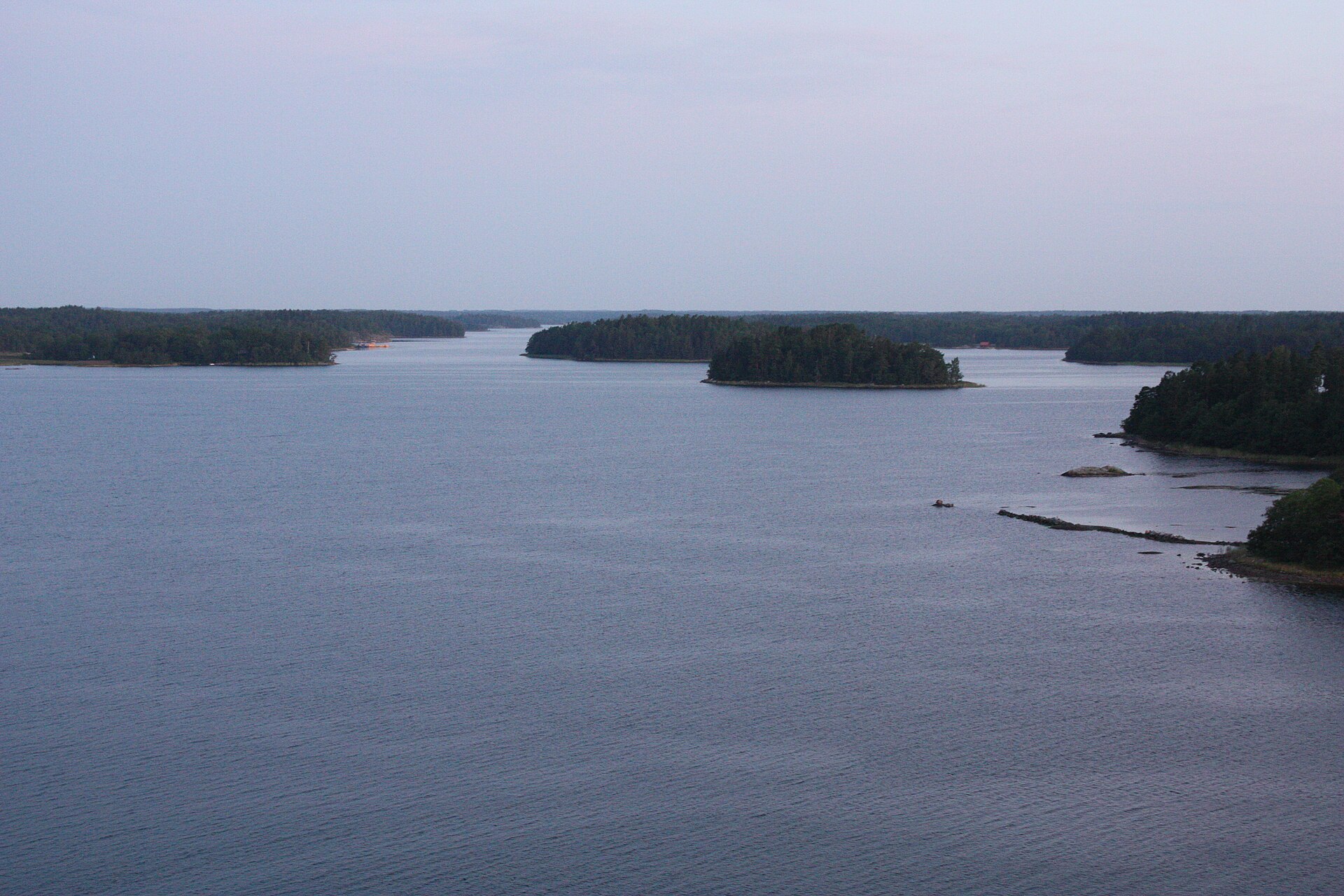 The archipelago seen from a cruise ship sailing in towards Stockholm at sunrise