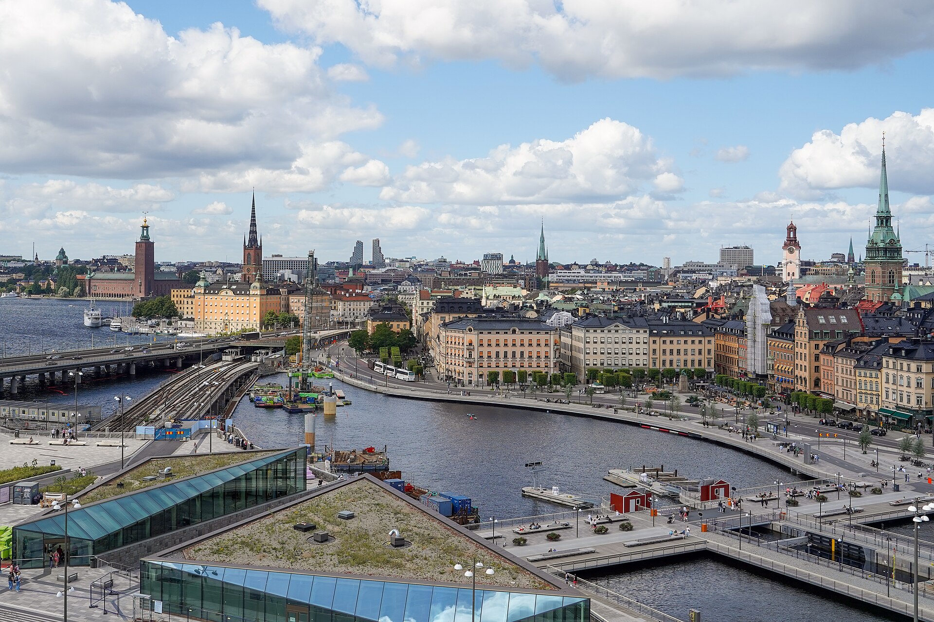 Slussen, Stockholm, Sweden. View from Katarinahissen. Gamla stan, Riddarholm and Stockholms stadshus in the background.jpg — illustrating What Does a Third Day in Stockholm Make Ro