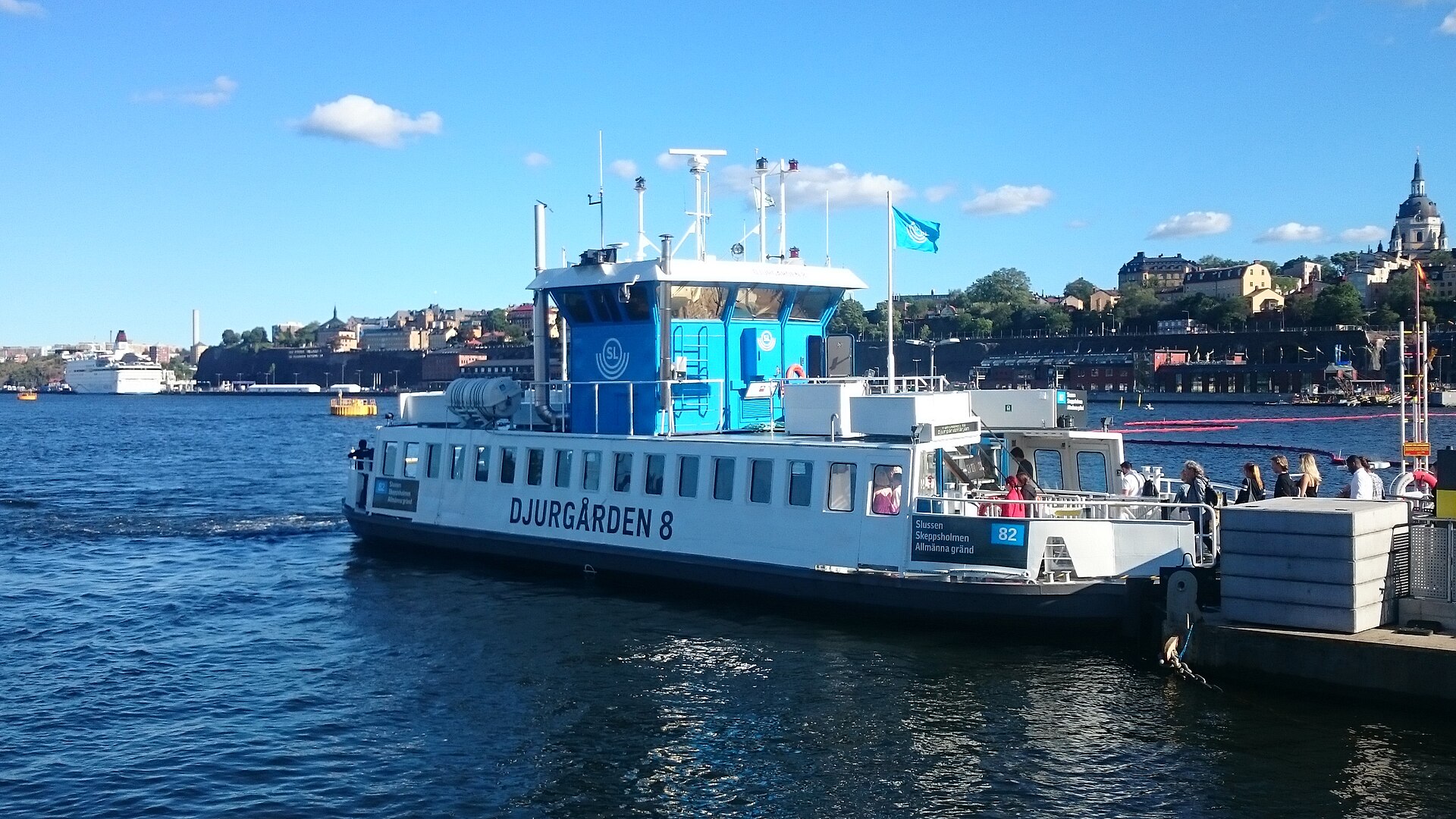 The ferry Djurgården 8 at the Slussen stop in Stockholm, working line 82 for SL