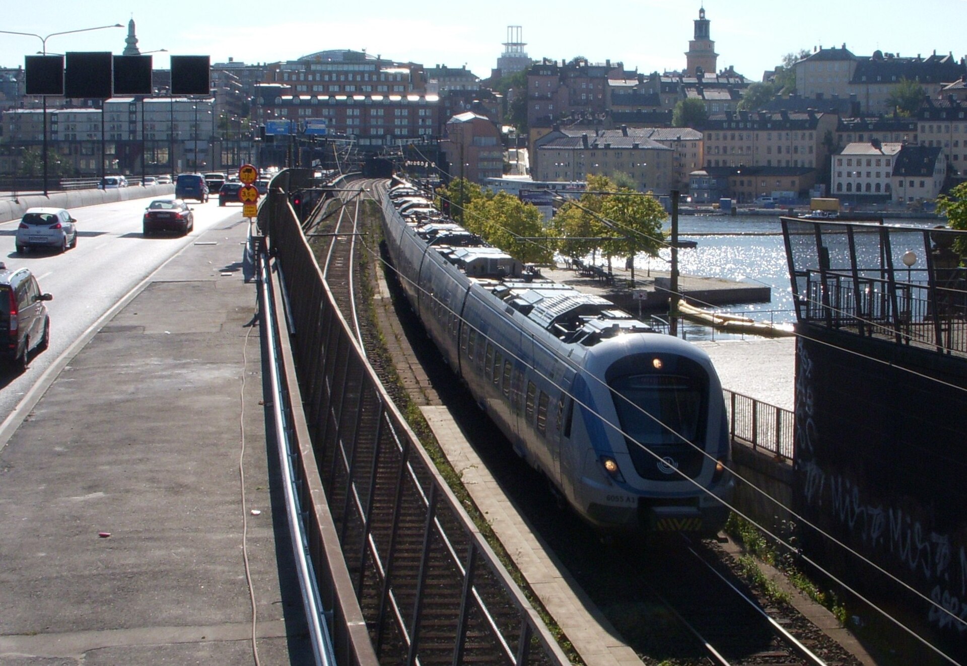 A commuter train heading north across Centralbron in Stockholm