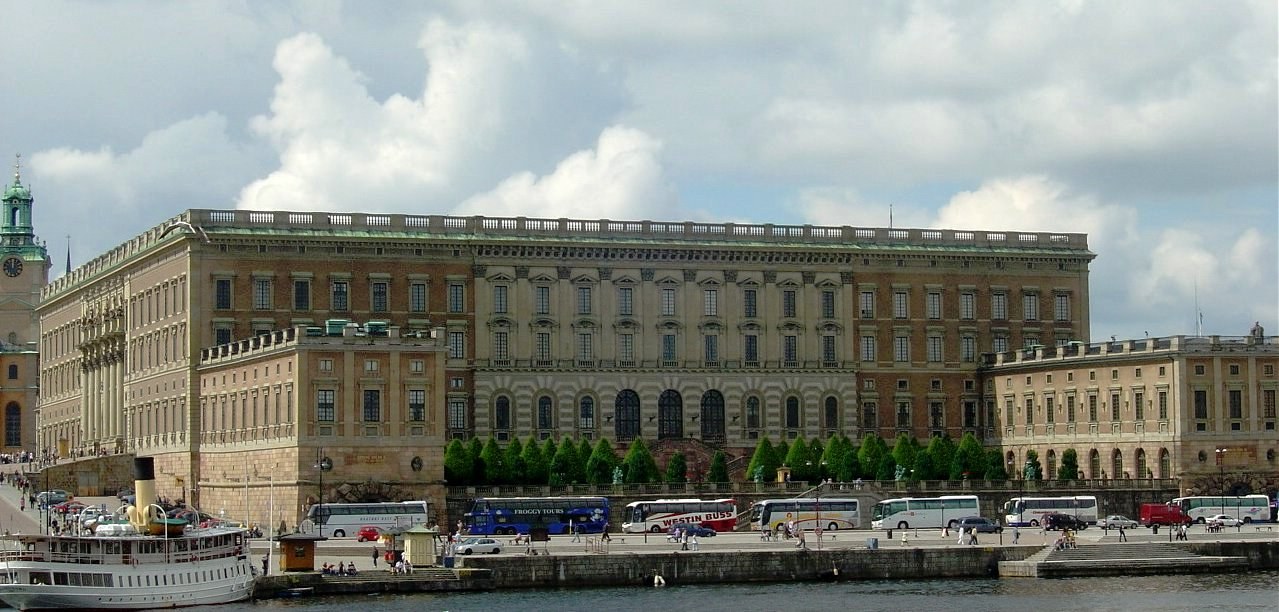 The long north facade of the Royal Palace of Stockholm seen from the water