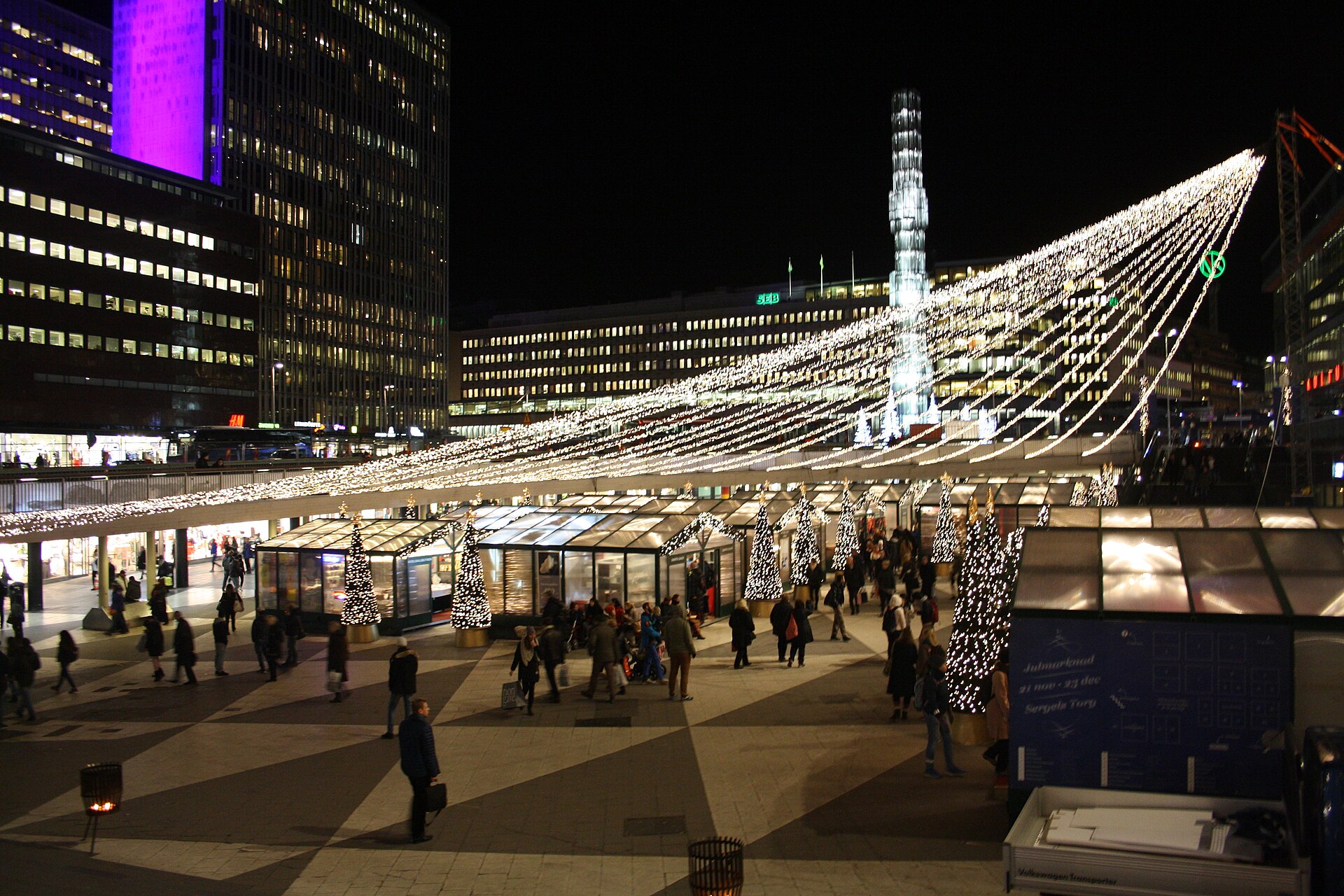 Sergels Torg in Stockholm with Christmas lights in December