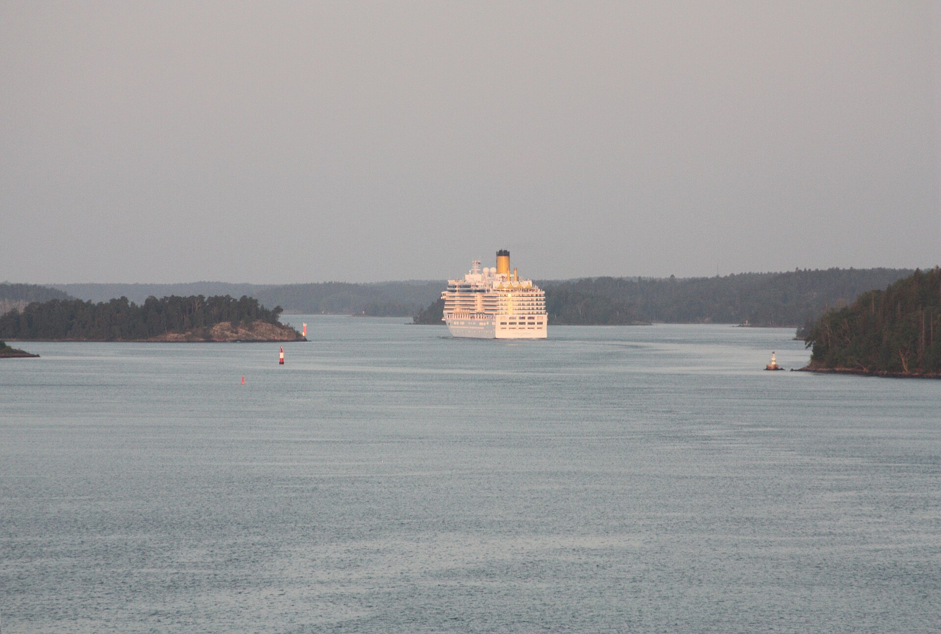 Stockholm archipelago scenery viewed from an incoming cruise ship at sunrise