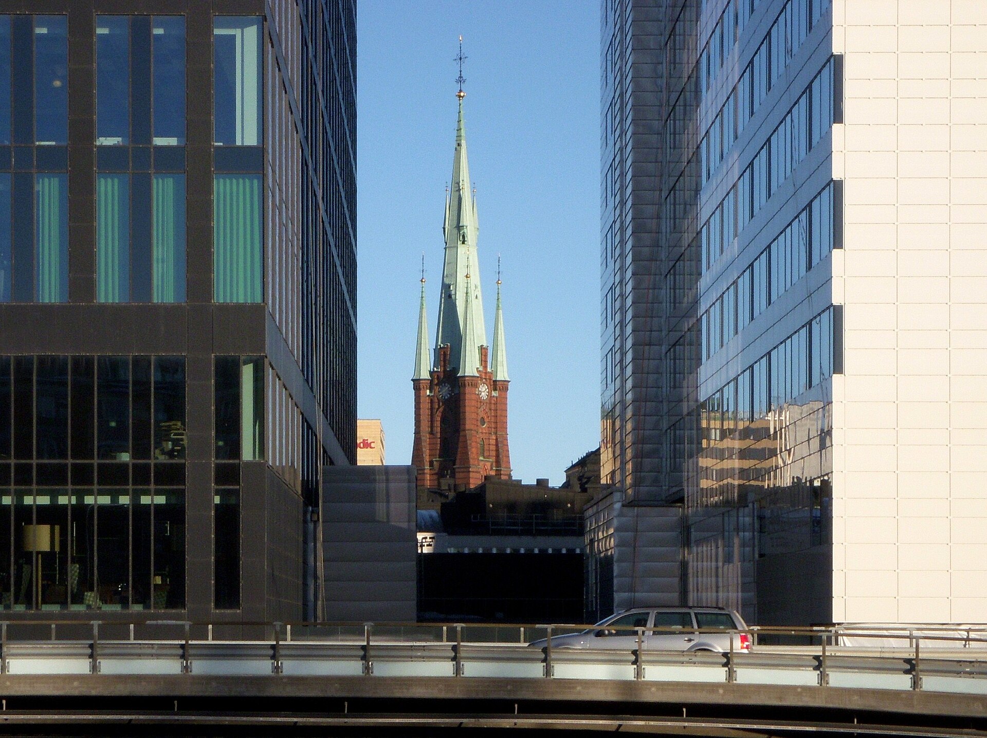 Old meets new: the Stockholm Waterfront building with Klara kyrka behind it