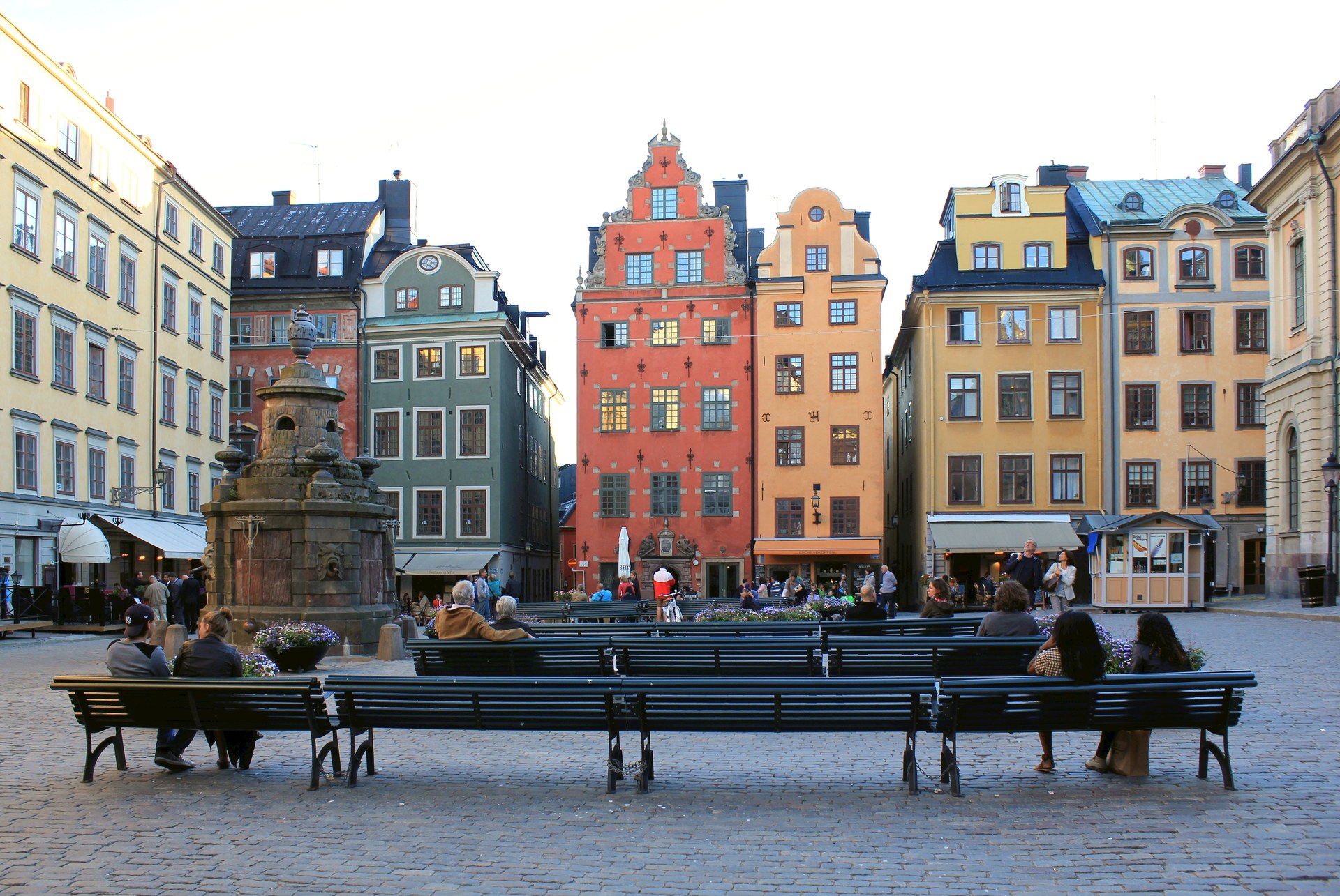 The painted gabled houses and well on Stortorget in Stockholm's Gamla Stan