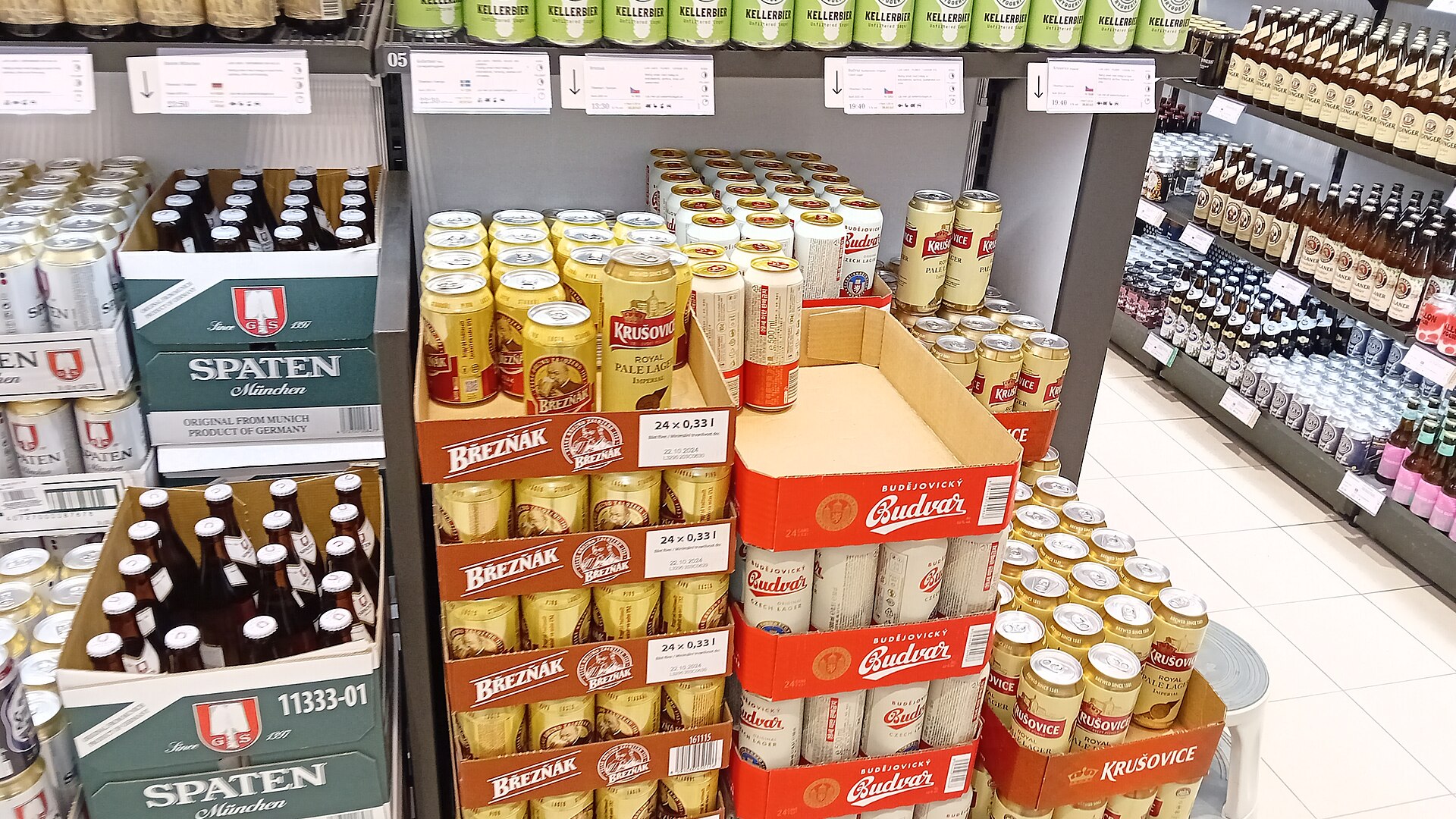 A selection of Czech beers on the shelves at a Systembolaget store in Stockholm